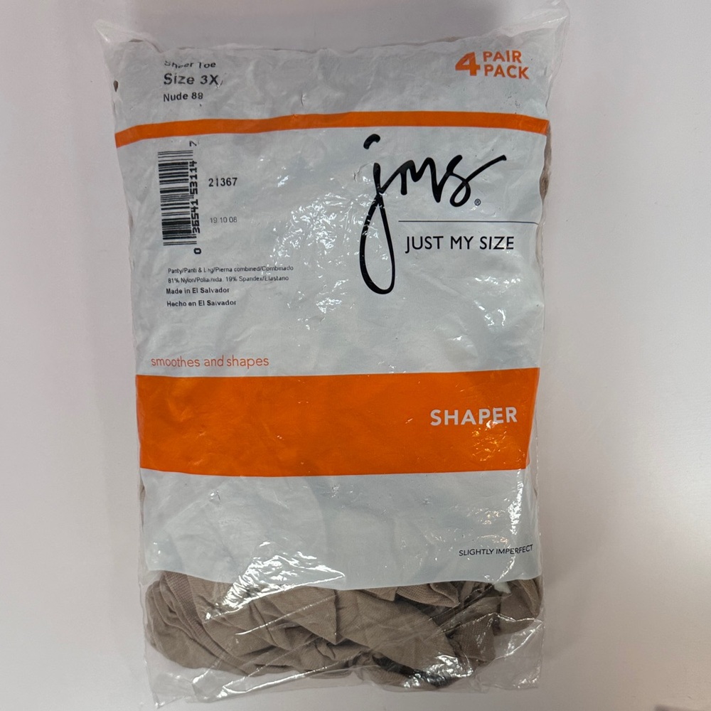 Just My Size Shaper 3X Nude Pantyhose with sheer toe 4 Pair Pack JMS